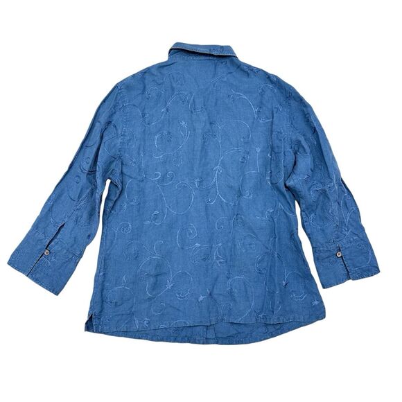 Talbots Linen Top Size Medium‎ Blue Chambray Floral Embroidered Irish Linen Boho - Picture 2 of 10